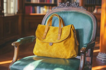 Poster - Stylish yellow bag resting on an elegant green chair in a well-lit library setting with classic wooden bookshelves