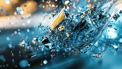 Poster - Shattered Blue And Gold Liquid Explosion Abstract Background
