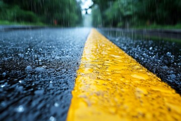 Aufkleber - Rain falls heavily on a quiet road with a prominent yellow line during a gloomy day in a forested area