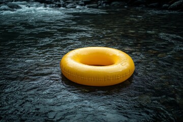 Poster - Bright yellow flotation ring resting in a calm river surrounded by rocks and greenery on a sunny day