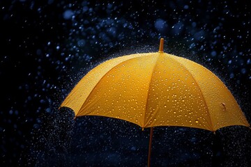 Fototapete - Bright yellow umbrella stands out against rainfall in a dark setting while droplets scatter in the air