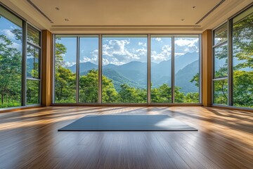 Poster - Yoga practice space with mountain view and natural light in a serene setting creating a peaceful atmosphere for meditation and mindfulness