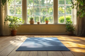 Poster - Tranquil yoga space with natural light and plants in a peaceful indoor setting for mindfulness practice