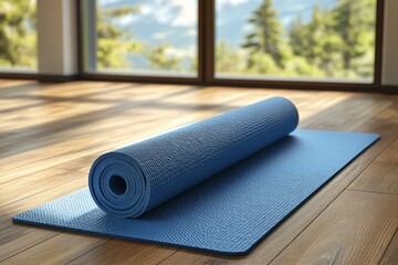 Aufkleber - Yoga mat rolled out in a serene studio with natural light and mountain views in a peaceful setting