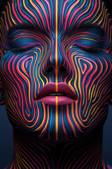 Leinwandbilder - A vibrant fusion of neon shapes and tech lines composing a symmetrical abstract visage,
