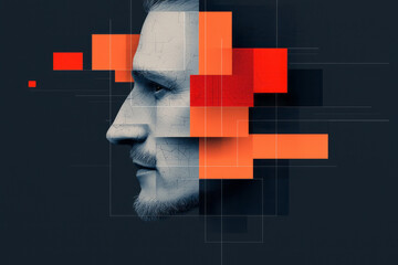 Aufkleber - An expressive AI-inspired face built from mirrored color fields and futuristic geometric textures,