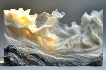 Aufkleber - Sculpture of swirling clouds illuminated by warm light with textured rock base in minimalist setting