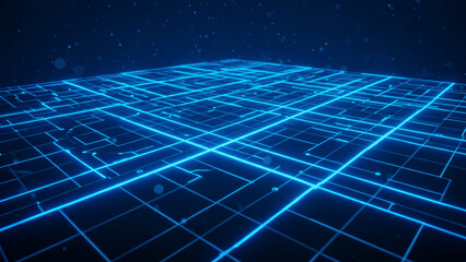 Poster - Blue cyber space with crossed glowing lines, 3d rendering.