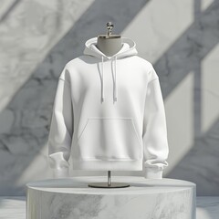 Poster - Minimalist White Hoodie Mockup Displayed on a Mannequin with Marble Background and Striking Shadows