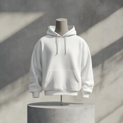 Poster - Minimalist White Hoodie Mockup on Display Stand with Concrete Backdrop and Soft Sunlight.