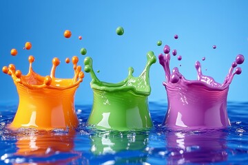 Leinwandbilder - Bright colored splashes rising from a tranquil water surface under a clear blue sky
