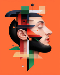Aufkleber - A floating abstract head surrounded by rotating geometric accents, rendered in vibrant metallic