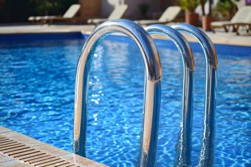 Poster - Sleek metal ladder by pool reflects sunlight in a tranquil resort setting on a clear day