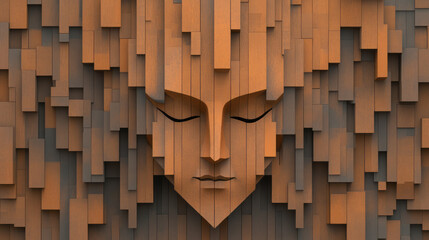 Poster - A surreal face made of interlocking geometric modules arranged in perfect bilateral symmetry,