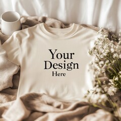 Poster - Stylish Mockup Featuring a T-Shirt with a Neutral Color Scheme, Flowers, and a Coffee Cup - Perfect for Apparel Design