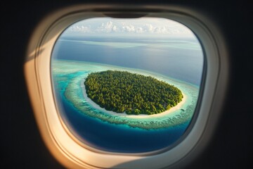Poster - Stunning aerial view of a lush tropical island surrounded by crystal clear waters and coral reefs in the early afternoon light