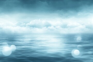 Poster - Serene blue ocean reflecting soft clouds at dawn over calm waters