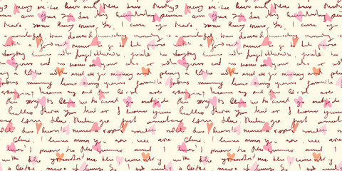 Poster - seamless vector pattern with vintage handwritten unreadable text and hearts, old love letter with il