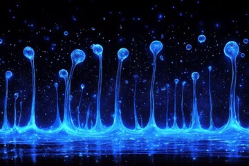 Poster - Vibrant blue water droplets rise and fall, creating a mesmerizing display of light and motion against a dark background