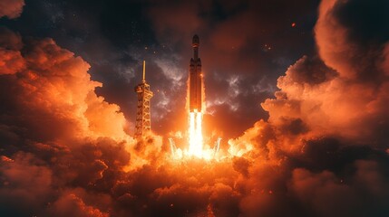 Poster - Bright flames erupt as the rocket takes off, showcasing the impressive propulsion technology. Thick clouds surround the launch pad, highlighting the power of space exploration.