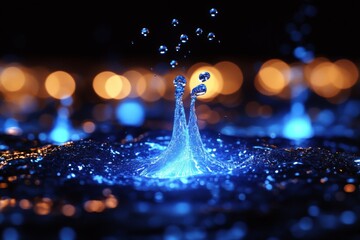 Aufkleber - Colorful water droplets create vibrant splashes in the dark, illuminated by soft blue lights, highlighting dynamic motion