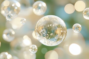 Poster - Bubbles floating through sunlight creating a dreamy atmosphere in a serene outdoor setting