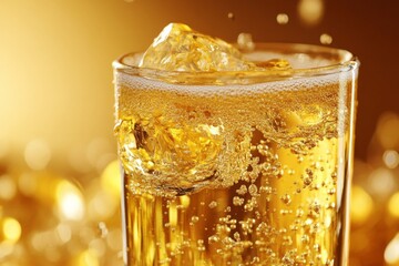 Poster - Refreshing beverage in a glass with bubbles and ice in a warm golden atmosphere during a sunny gathering