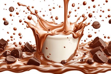 Aufkleber - Rich chocolate splash with creamy texture and dark chocolate pieces on a bright background