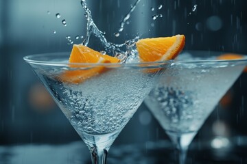 Poster - Refreshing cocktails splashing in crystal glasses with orange slices outdoors during a warm summer evening