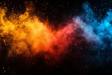 Poster - Colorful explosion of dust and particles creating a vibrant cosmic atmosphere against a dark background