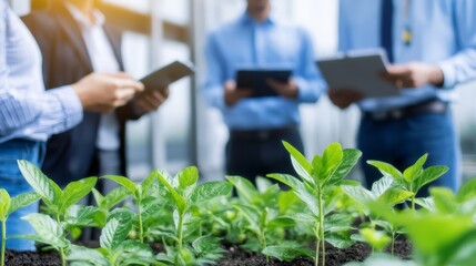 Poster - Business professionals discussing plant growth in a greenhouse, showcasing teamwork and innovation