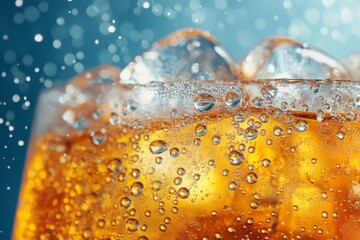 Poster - Refreshing beverage with ice and bubbles against a sparkling blue background