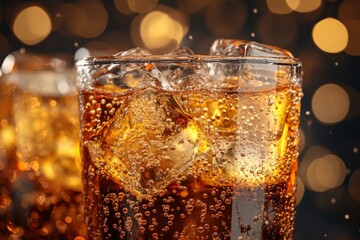 Poster - Sparkling beverage in a glass filled with ice, set against a shimmering background during a festive evening