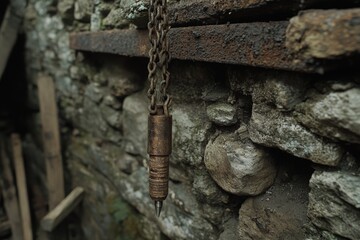 Poster - Rusty chain pulley hanging from a stone wall in an old workshop revealing signs of wear and historical craftsmanship