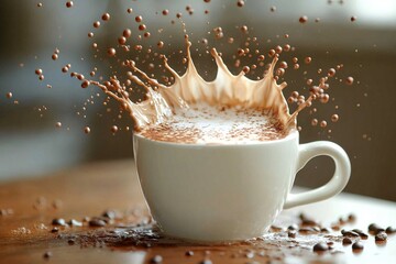 Poster - Cup of coffee splashes with cream and chocolate as it hits a wooden table in a cozy café setting early in the morning