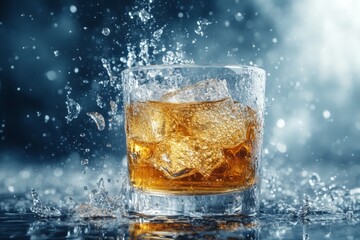 Poster - Refreshing cocktail splashing in a crystal glass with ice at a lively bar during the evening