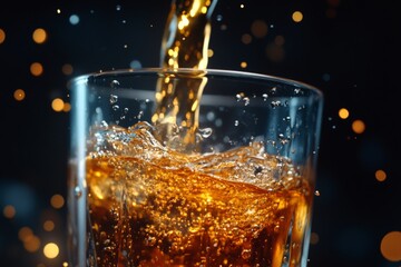 Aufkleber - Bubbling beverage poured into a glass with festive background and sparkling details