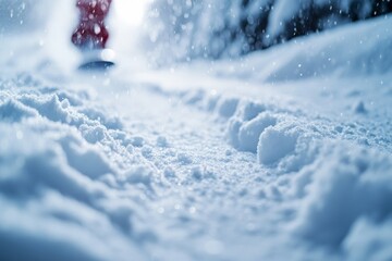 Poster - Snow-covered ground glistens under dim sunlight while a figure moves through the winter landscape