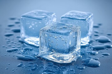 Poster - Clear ice cubes sit on a blue surface with droplets of water reflecting light in a refreshing composition