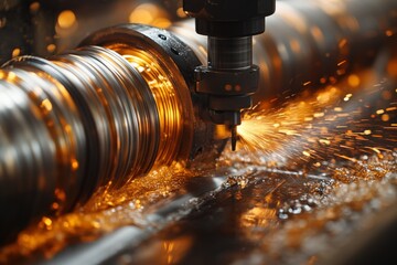 Fototapete - Sparks fly during metal machining process in a workshop while creating precision parts