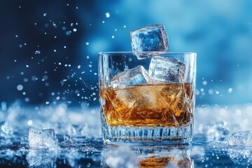 Aufkleber - Whiskey glass with ice cubes splashing in a bar setting illuminated by cool blue light