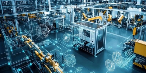 industry 4.0, Factory Industrial Engineer working with automation robot arms machine in intelligent factory, AI digital illustration