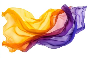 Aufkleber - Flowing silk scarves in vibrant orange, yellow, and purple colors create a dynamic visual display against a white background