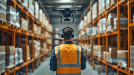 Poster - A warehouse worker wearing a safety vest monitors a drone flying above shelves stocked with goods. The space is organized for efficient logistics and inventory management.