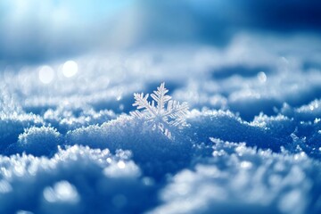Poster - Unique snowflake rests gently on fresh snow during a bright winter day