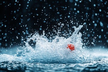 Aufkleber - Motion and splash of water droplets as a red ball hits the surface on a dark background showcasing a dynamic moment