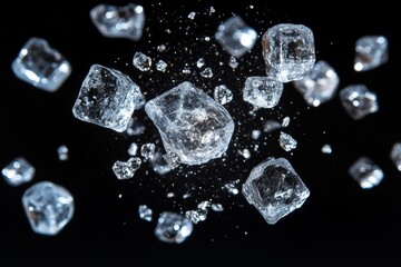 Poster - Floating ice cubes create a stunning visual effect in a dark background with dynamic motion captured at high speed