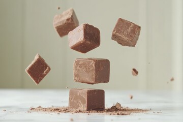 Aufkleber - Chocolate squares floating above a surface create a whimsical view in a simple setting