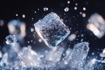 Poster - Captivating moment of ice cube splashing with water in a dark background