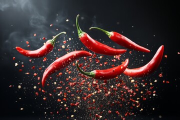 Poster - Red chili peppers floating above a burst of spices in a dramatic kitchen setting